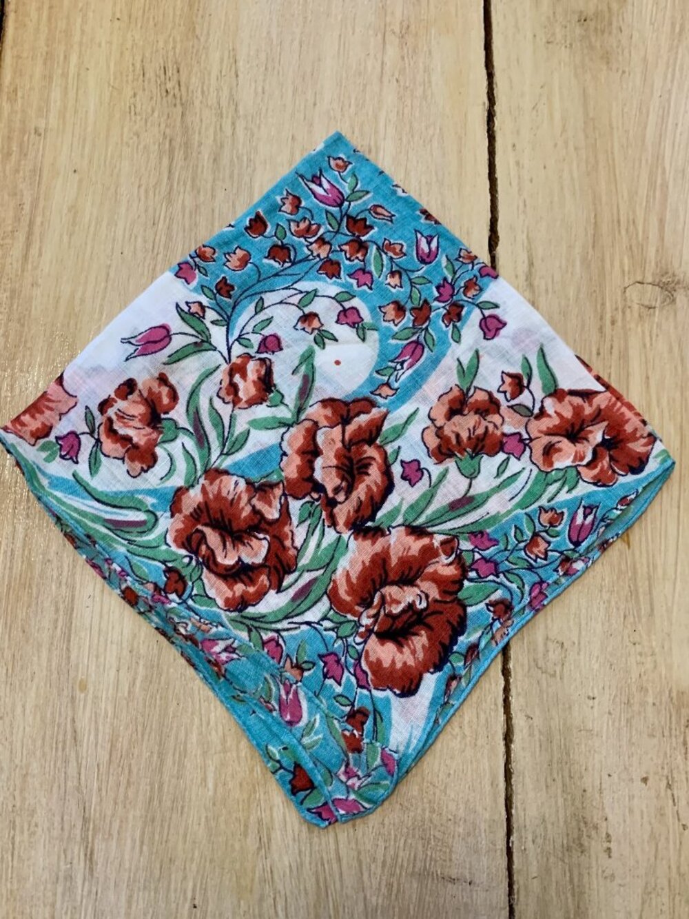 Vintage 1950s Floral Pocket Handkerchief Teal Pink Rose 13"